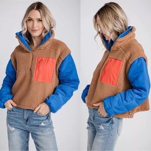 Cozy Blue and Brown Teddy Jacket with Orange Detail